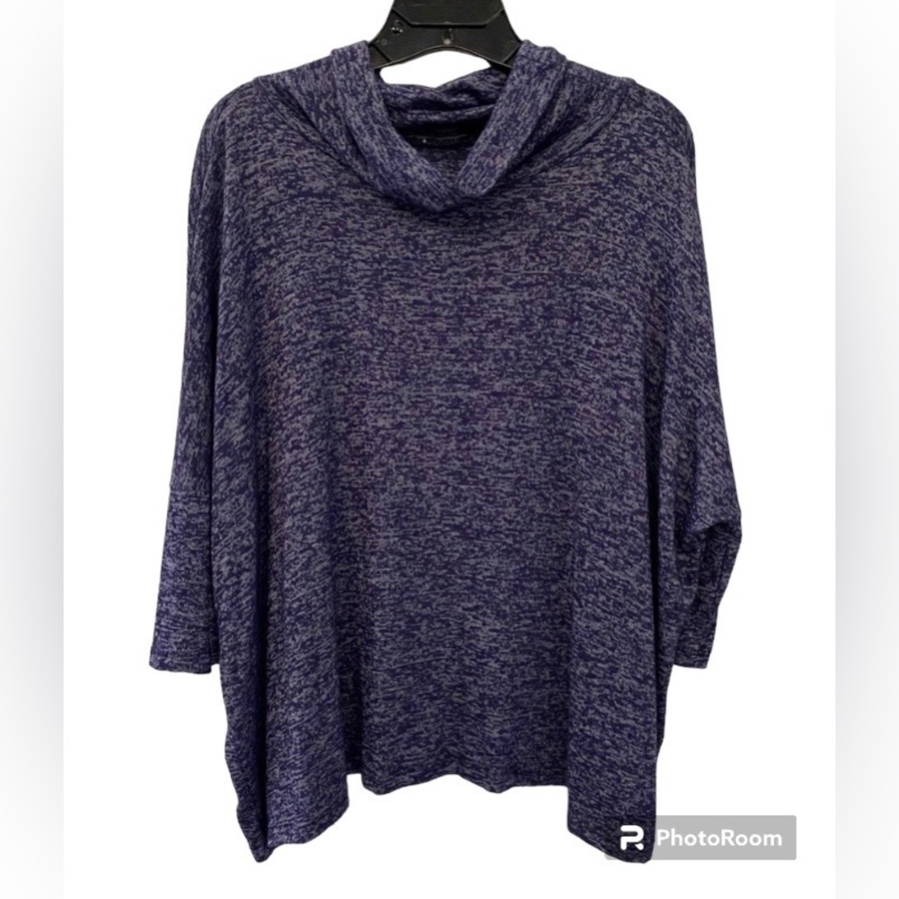 Basil Lola 3/4 Sleeve Cowl Mock Neck Blue & White Sweater With Split Bac…